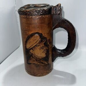 Hand Carved Wooden Stein Mug, Nice Patina, Unusual-
